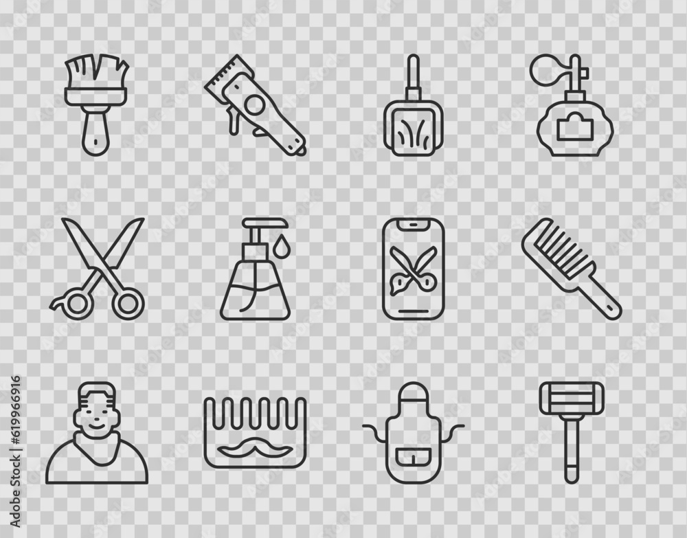 Set line Client in barbershop, Shaving razor, Dustpan, Hairbrush, Cream cosmetic tube, Barber apron and icon. Vector Set line Client in barbershop, Shaving razor, Dustpan, Hairbrush, Cream cosmetic tube, Barber apron and icon. Vector