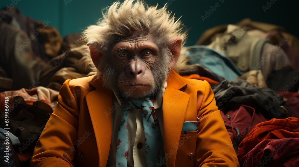 Anthropomorphic Chimpanzee (Pan troglodytes) in Fashion-Forward Casual Wear - A Unique Intersection of Animal Style and Human Trend. Generative AI.