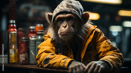 Chimpanzee (Pan troglodytes) Dressed as a Dock Worker - Showcasing the Unique Intersection of Animal Life and Human Occupations. Generative AI.