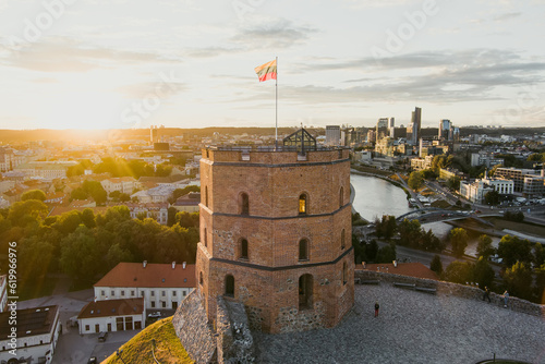 Aerial view of Gediminas Tower, the remaining part of the Upper Castle in Vilnius, Lithuania.