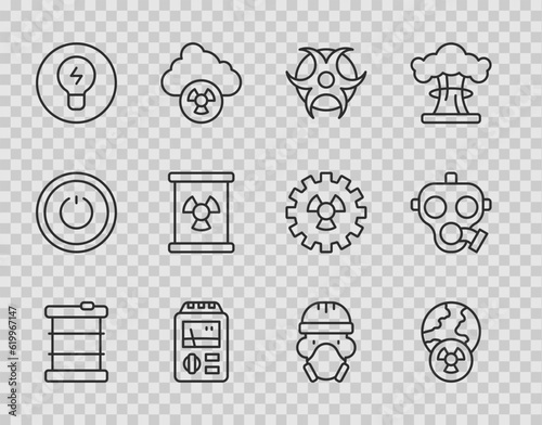 Set line Radioactive waste in barrel, Planet earth and radiation, Biohazard symbol, Dosimeter, Light bulb with concept of idea, Nuclear reactor worker and Gas mask icon. Vector