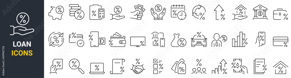 Credit and Loan line web icons. Credit card, deposit, car leasing, rate interest, calculator, income, rating, collection. Collection of Outline Icons. Vector illustration. Credit and Loan line web icons. Credit card, deposit, car leasing, rate interest, calculator, income, rating, collection. Collection of Outline Icons. Vector illustration.