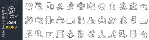 Credit and Loan line web icons. Credit card, deposit, car leasing, rate interest, calculator, income, rating, collection. Collection of Outline Icons. Vector illustration.