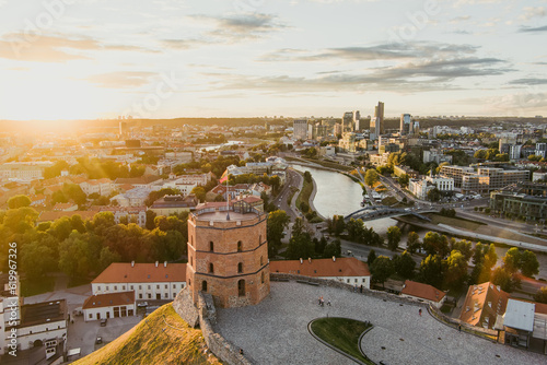 Aerial view of Gediminas Tower, the remaining part of the Upper Castle in Vilnius, Lithuania.