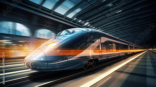Speeding Onward: High-Speed Train Zooms Along Rail Tracks © leestat