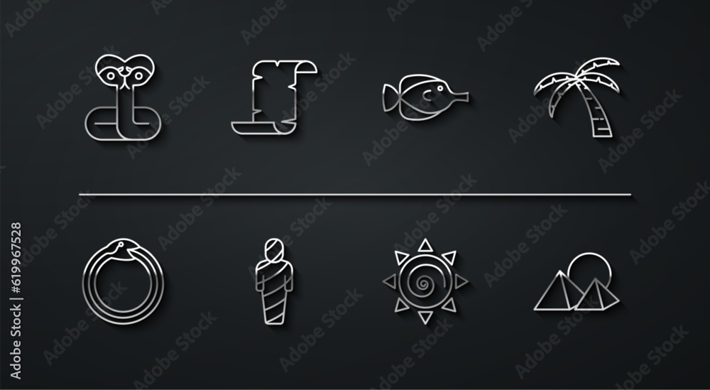 Set line Snake, Magic symbol of Ouroboros, Tropical palm tree, Sun, Egypt mummy, Papyrus scroll, pyramids and Butterfly fish icon. Vector Set line Snake, Magic symbol of Ouroboros, Tropical palm tree, Sun, Egypt mummy, Papyrus scroll, pyramids and Butterfly fish icon. Vector