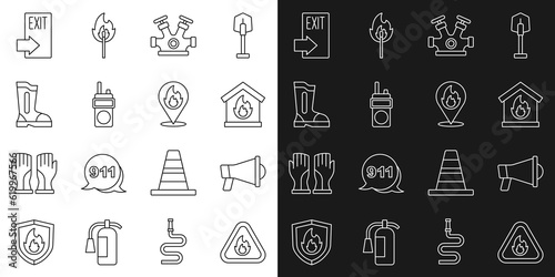Set line Fire flame in triangle, Megaphone, burning house, hydrant, Walkie talkie, boots, exit and Location with fire icon. Vector
