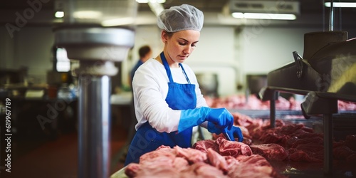 Canvas Print Woman working in a butchery, wearing protective clothes and gloves, putting minc