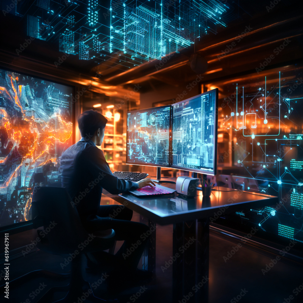 A man using ai technology as it works tirelessly to protect and secure blg data Generative Ai Images A man using ai technology as it works tirelessly to protect and secure blg data Generative Ai Images