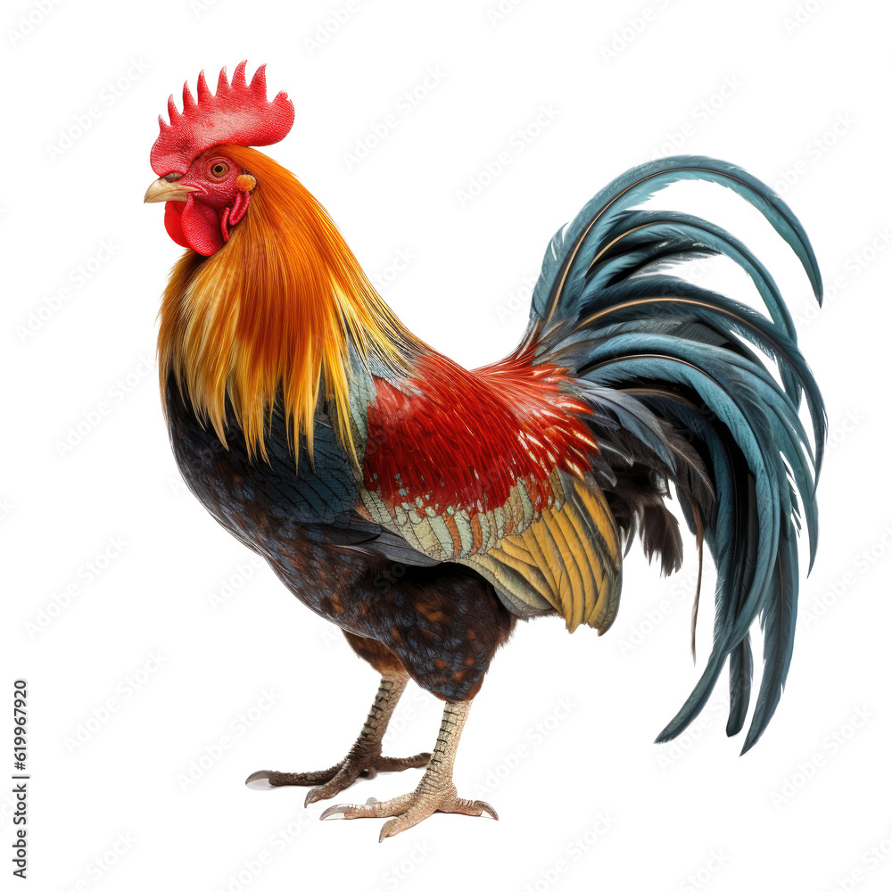 Fototapeta premium a Beautifully Cockerel rooster, full body, richly colored, Farm-themed, photorealistic illustrations in a PNG, cutout, and isolated. Generative AI