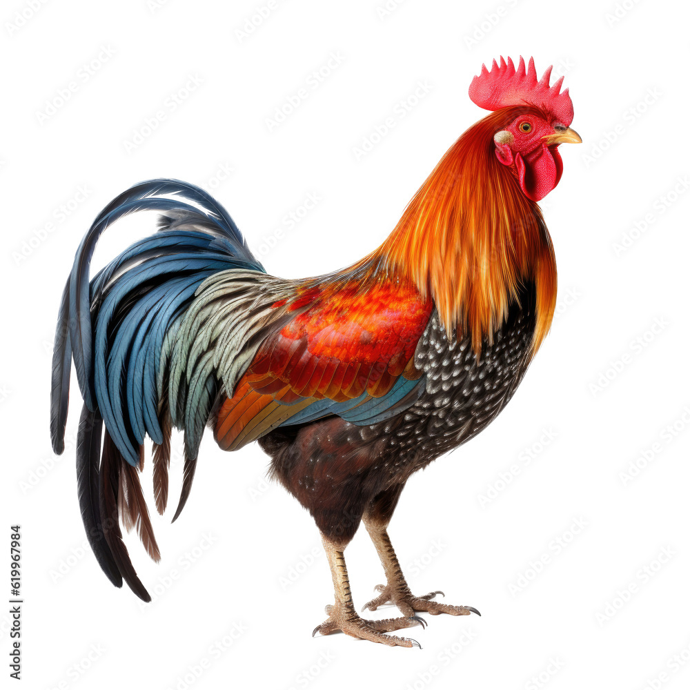 Fototapeta premium a Beautifully Cockerel rooster, full body, richly colored, Farm-themed, photorealistic illustrations in a PNG, cutout, and isolated. Generative AI