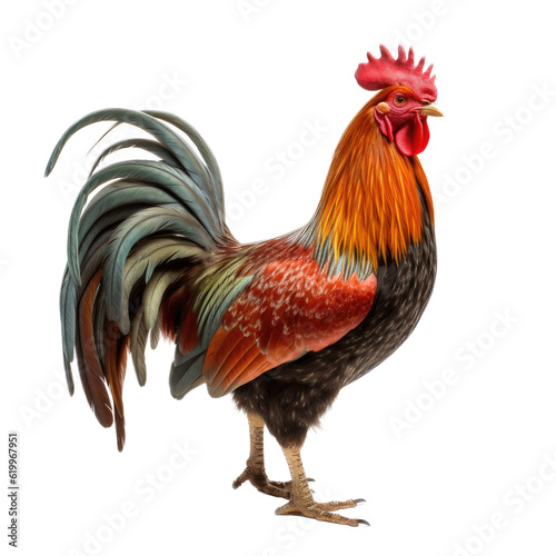 Photo a Beautifully Cockerel rooster, full body, richly colored, Farm-themed, photorealistic illustrations in a PNG, cutout, and isolated