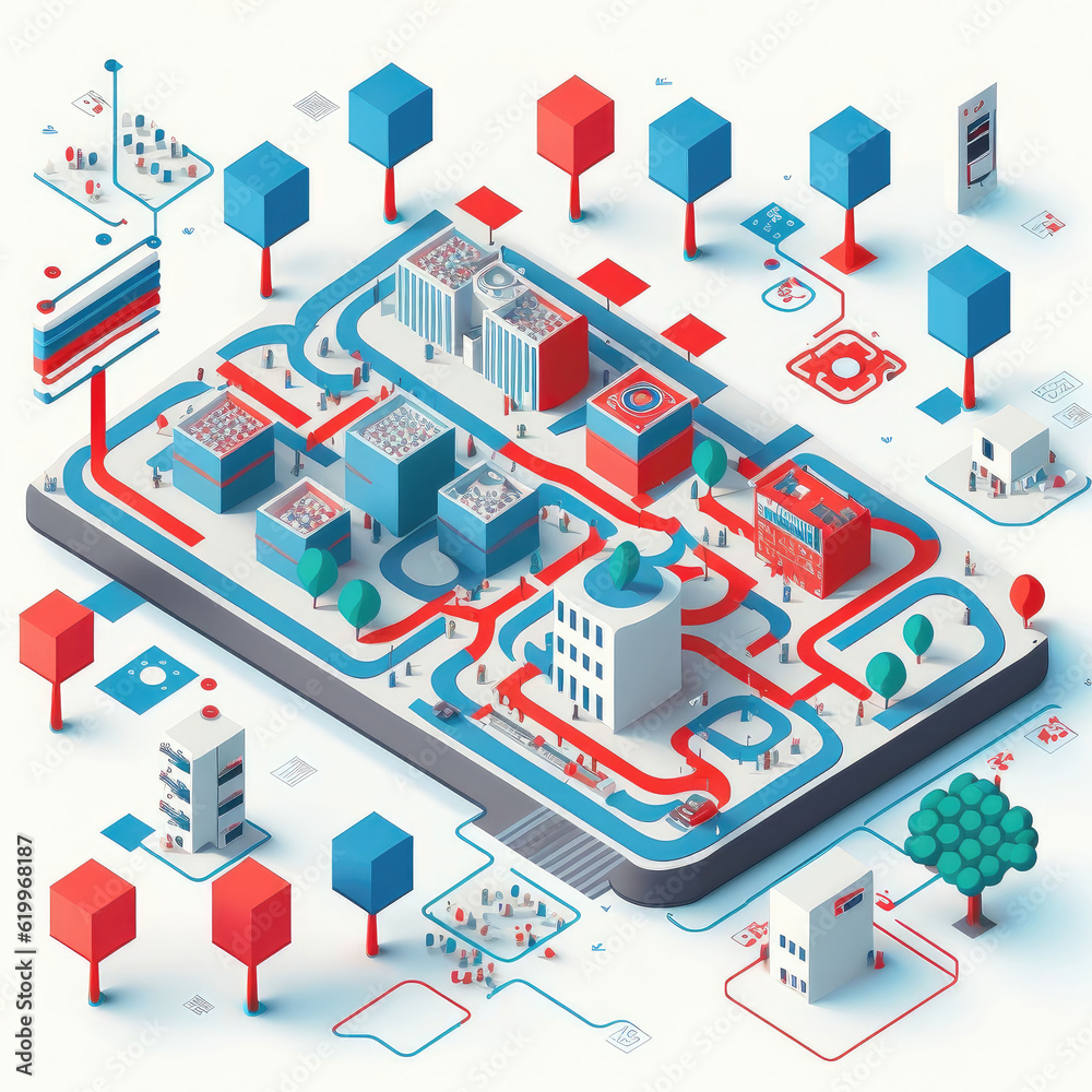 flowchart isometric vector art , city, red and blue accents, public spaces, white background, generated by AI.