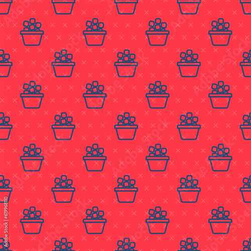 Blue line Ice bucket filled with ice cubes icon isolated seamless pattern on red background. Vector