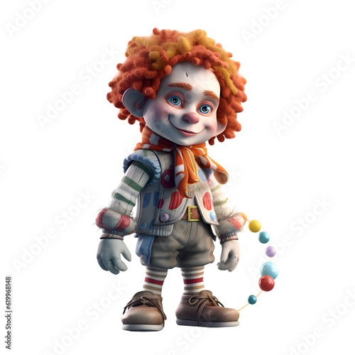 Cute clown with orange wig on white background. 3d illustration