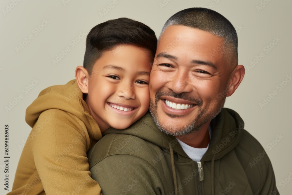 Portrait of happy asian father and son hugging, isolated on grey. Ai generated. Portrait of happy asian father and son hugging, isolated on grey. Ai generated.