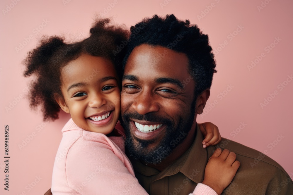 Portrait of a happy african american father and daughter smiling at camera isolated over pink background. Ai generated. Portrait of a happy african american father and daughter smiling at camera isolated over pink background. Ai generated.