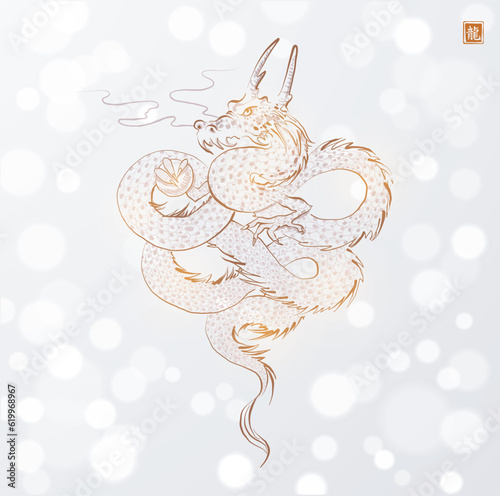 Hand drawn image of oriental dragon on white glowing background. Translation of hieroglyph - dragon
