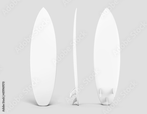 summer water sport surfing board surfboard longboard realistic mockup design template set front side and back view 3d render illustration isolated in white grey background
