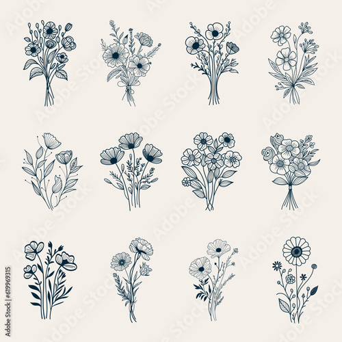Hand drawn flowers bouquet wildflowers set botanical floral leaves tattoo doodle outline drawings sketch line art vector illustration