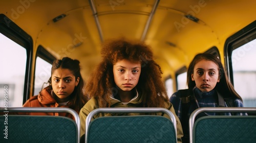 schoolgirl sitting in the school bus on the way to school, early morning back to school day, wearing her uniform and backpacks