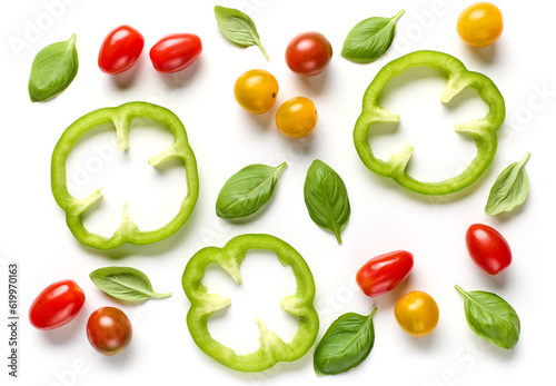 green paprika slices, colorful tomatoes and basil leaves