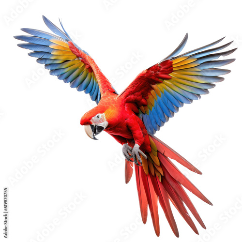 a Scarlet Macaw, Ara macao, in flight in various positions, full body, richly colored, Wildlife-themed, photorealistic illustrations in a PNG, cutout, and isolated. Generative AI © Purple Penguin GFX