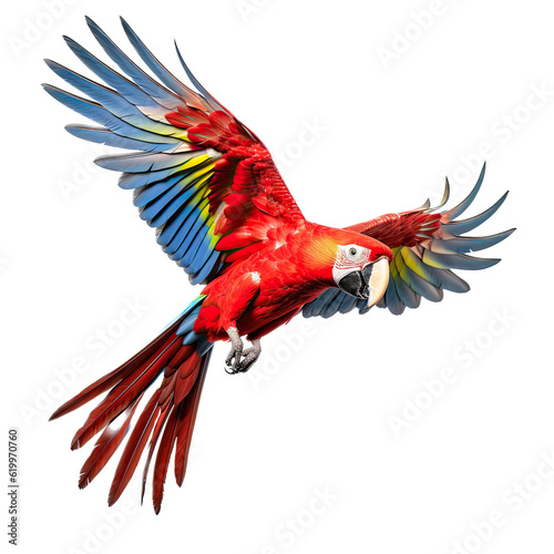 a Scarlet Macaw, Ara macao, in flight in various positions, full body, richly colored, Wildlife-themed, photorealistic illustrations in a PNG, cutout, and isolated. Generative AI © Purple Penguin GFX