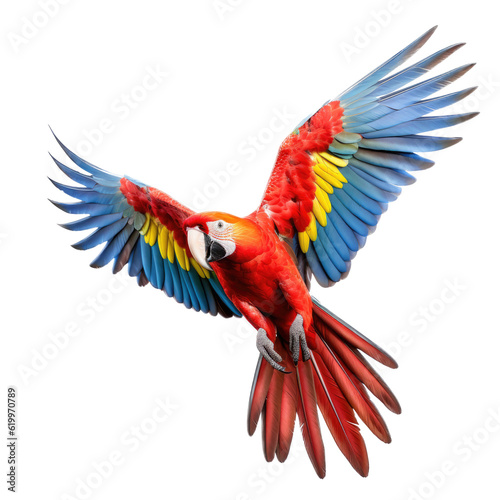 a Scarlet Macaw, Ara macao, in flight in various positions, full body, richly colored, Wildlife-themed, photorealistic illustrations in a PNG, cutout, and isolated. Generative AI