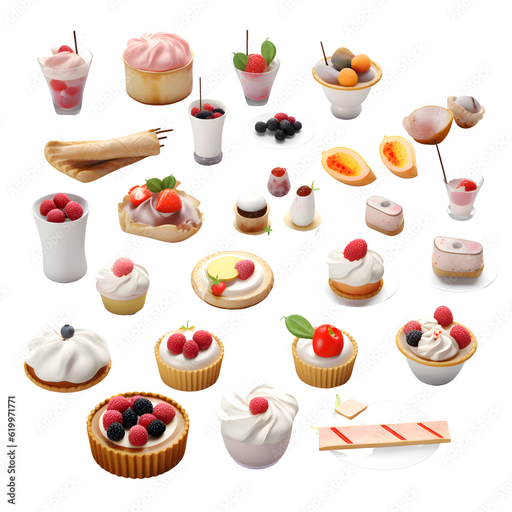 Set of various sweet desserts on a white background. 3d illustration