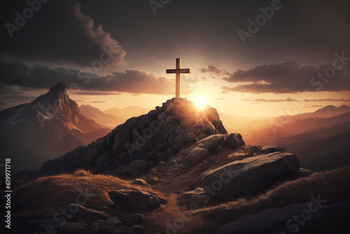 Canvas Print Christian cross on top of a mountain