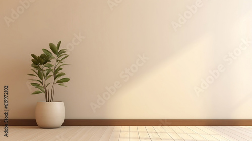 Blank beige brown wall in house with green plant in modern design pot, baseboard on wooden parquet in sunlight for product background. Generative AI. photo