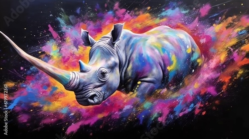rhino  form and spirit through an abstract lens. dynamic and expressive rhino print by using bold brushstrokes, splatters, and drips of paint.  rhino raw power and untamed energy  Generative AI