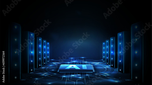 Poster with artificial Intelligence computer database concept with servers. Central Computer Processors CPU concept. Database concept. Modern blue CPU illustration.