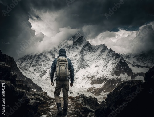 A person stands on the top of a mountain and looks into the distance, AI generated