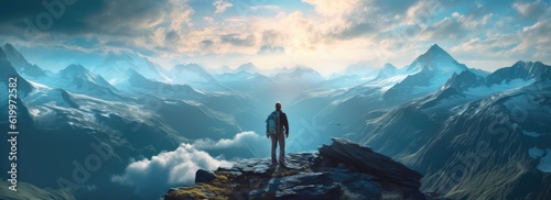 man standing on top of a mountain among mountains