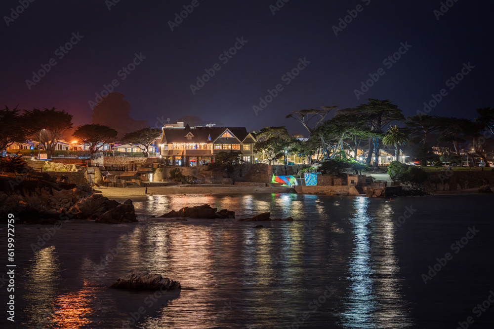 Fototapeta premium Night view of a restaurant in Pacific Grove, California