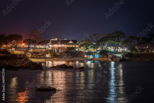 Night view of a restaurant in Pacific Grove, California