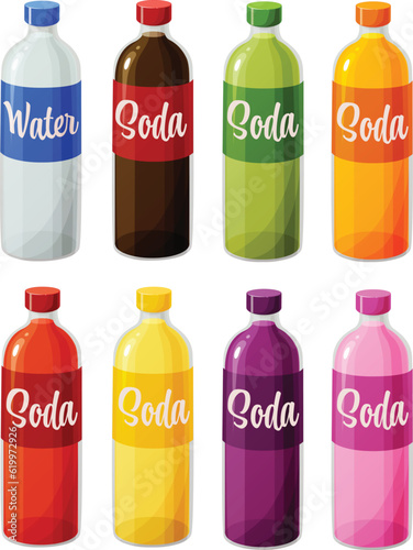 Cute vector illustration of various soda bottles with different flavors and colors.