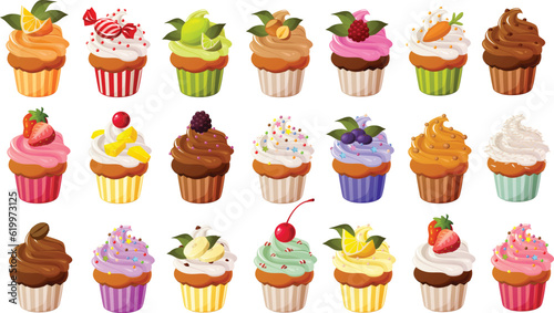 Foto Cute vector illustration of various cupcakes with colorful frosting and garnish