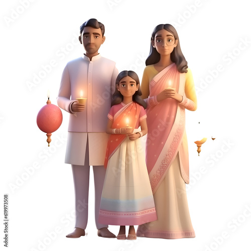 Indian family with diwali lantern. 3D render illustration.