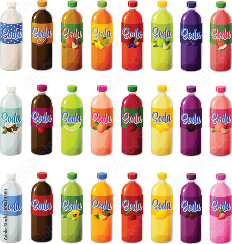 Cute vector illustration of various colorful soda bottles with fruit flavors and labels.