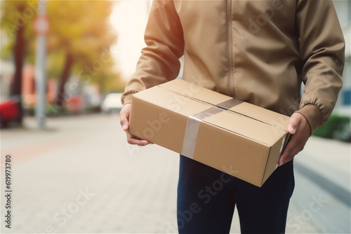 Closeup hands of delivery man holding package to deliver. Courier hand holding brown box. Detail of delivery man carrying cardboard parcel with copy space. AI generated content © Elena