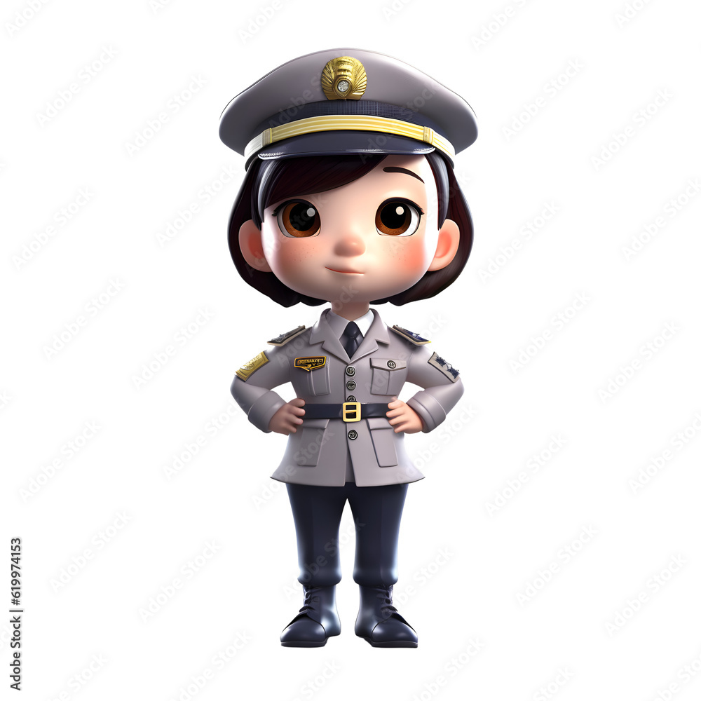 3D Render of Little Police Girl with cap and uniform on white background