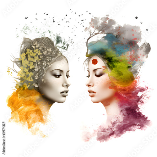 Double exposure portrait of a beautiful woman with colorful hair and blots