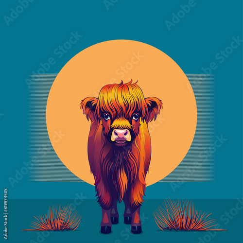 Illustration of a baby highland cow in cartoon style on the tortoise background 