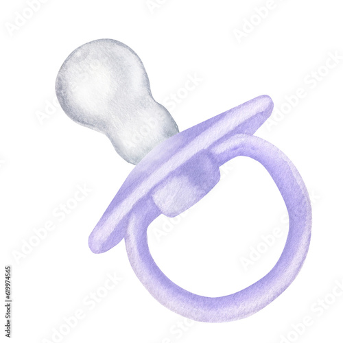 Violet lilac baby girl pacifier dummy. Hand drawn watercolor illustration isolated on white background. Newborn, baby shower, gender reveal party