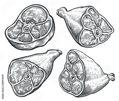 Ham, pork leg, beef steak, bacon. Farm meat set. Food concept, hand drawn sketch vector illustration