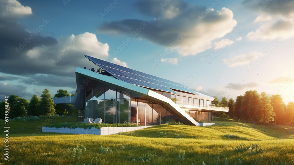 Modern green house or villa with energy saving technology in forest Modern green house or villa with energy saving technology in forest