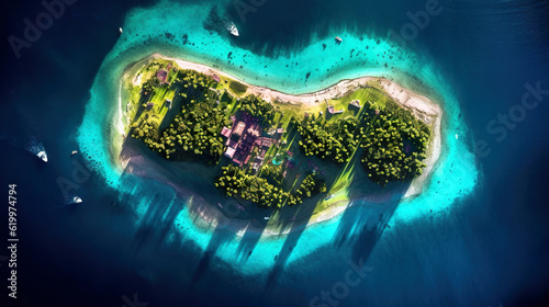 Tropical island surrounded by blue water in sea, aerial top view